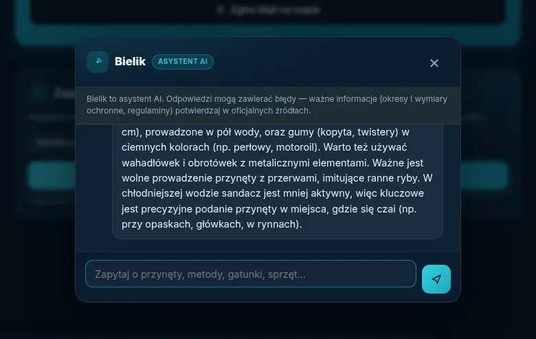 Okno asystenta Bielik na forum FishRadar z odpowiedzią o przynętach na sandacza