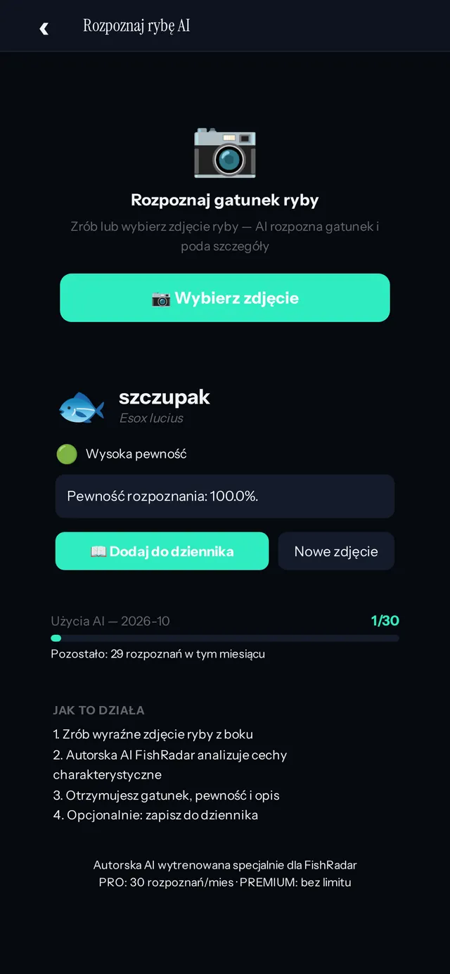 Rozpoznawanie ryby w FishRadar: szczupak, wysoka pewność
