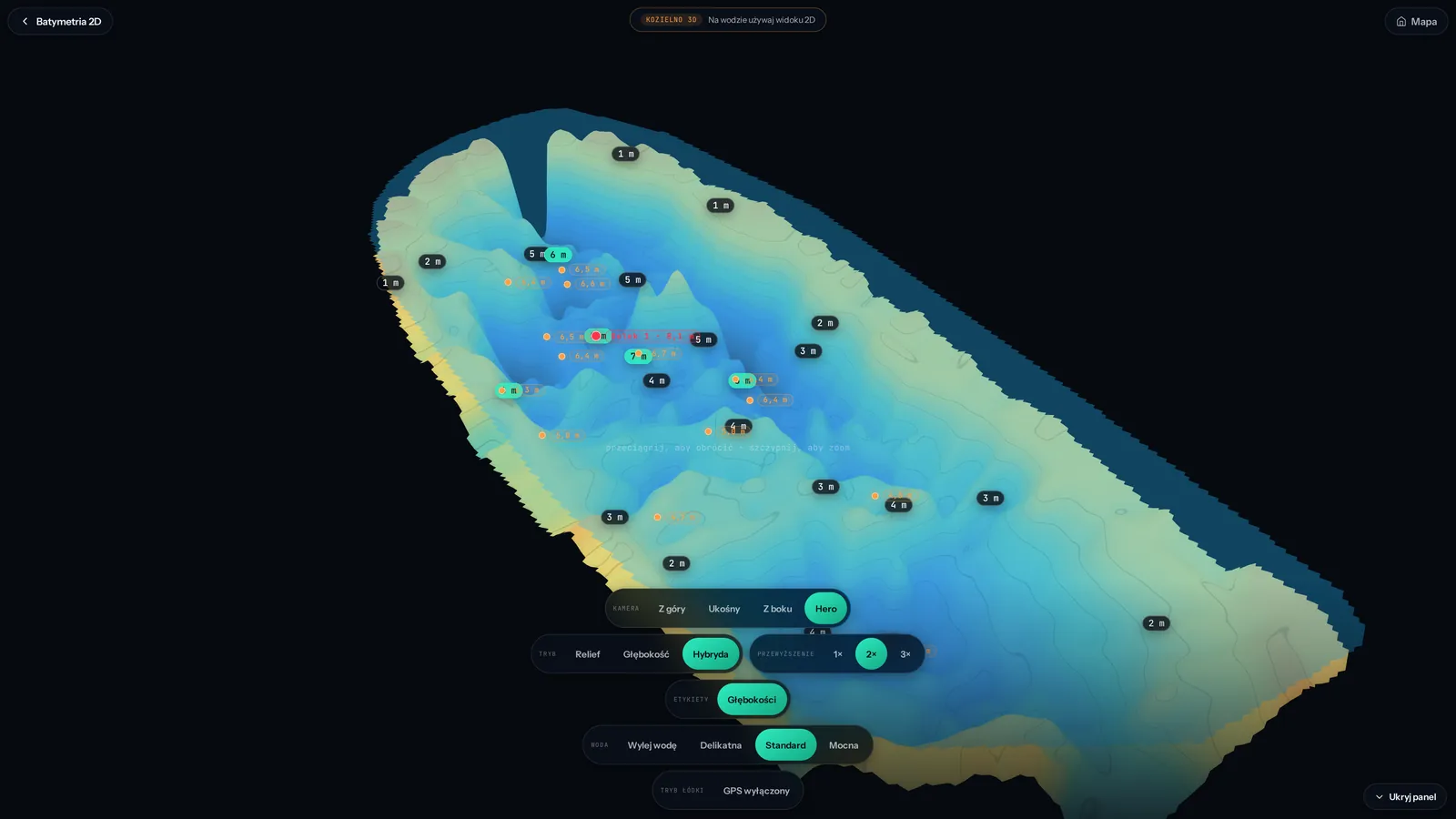Model 3D dna jeziora Kozielno w widoku ukośnym z kolorami głębokości