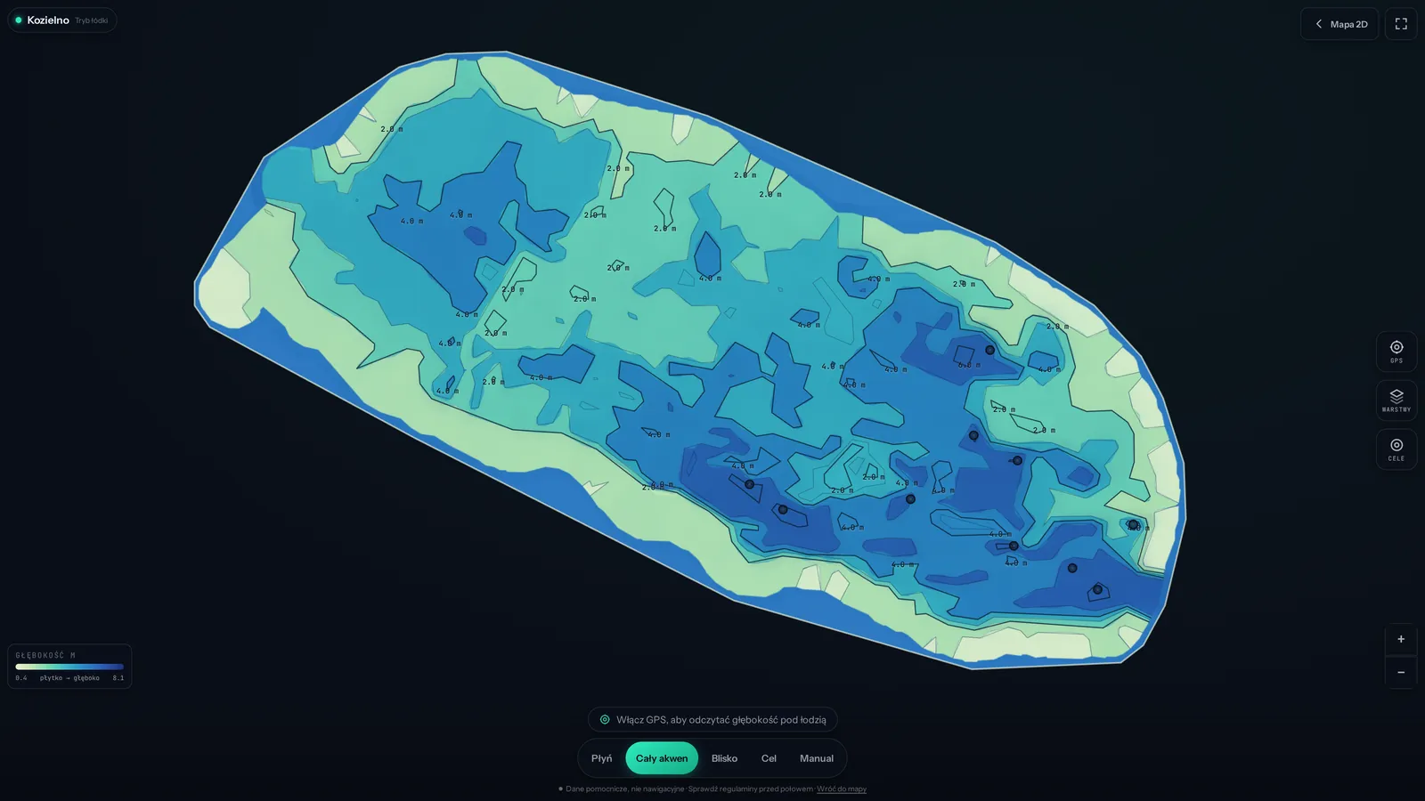Tryb łódki FishRadar: mapa głębokości Kozielna z pozycją łodzi