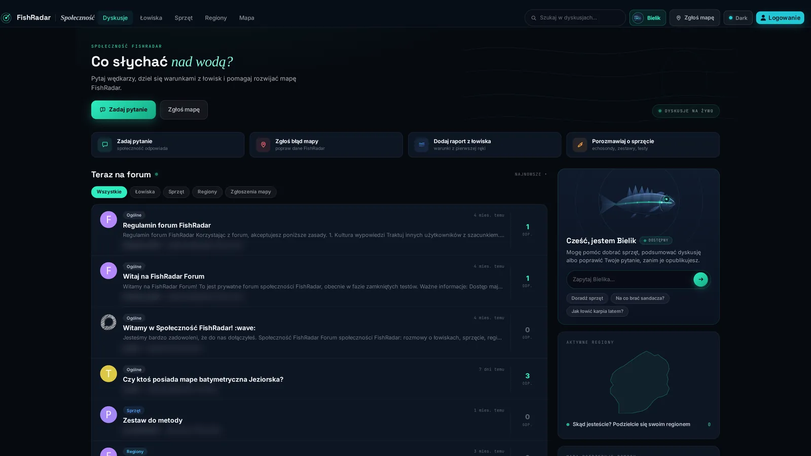 Strona główna forum FishRadar z kategoriami i kartą asystenta Bielik