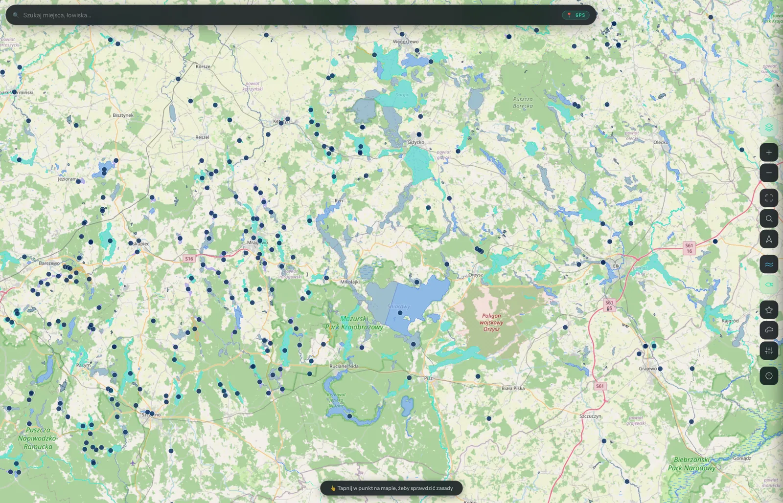 Mazury z bliska — zrzut mapy FishRadar