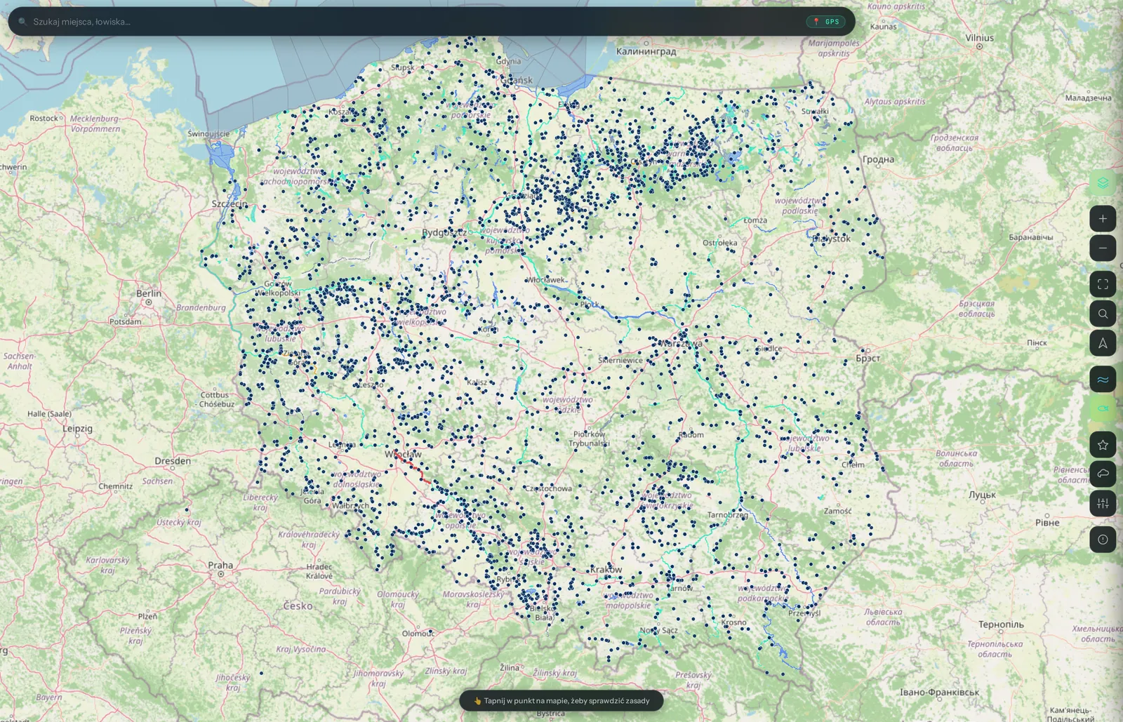 Łowiska w skali kraju — zrzut mapy FishRadar