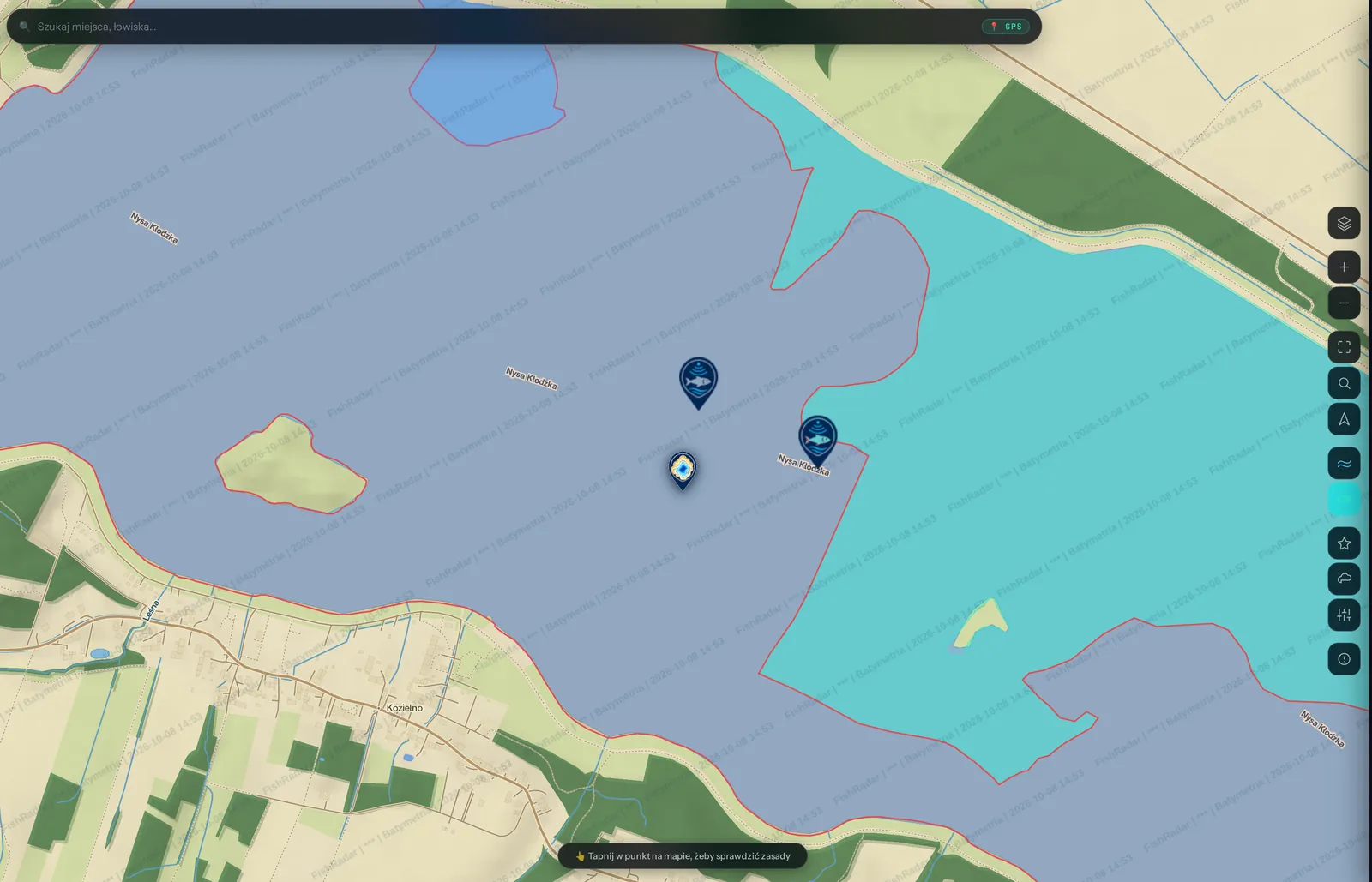 Kozielno na autorskiej mapie topograficznej FishRadar w jasnej palecie z cieniowaniem terenu