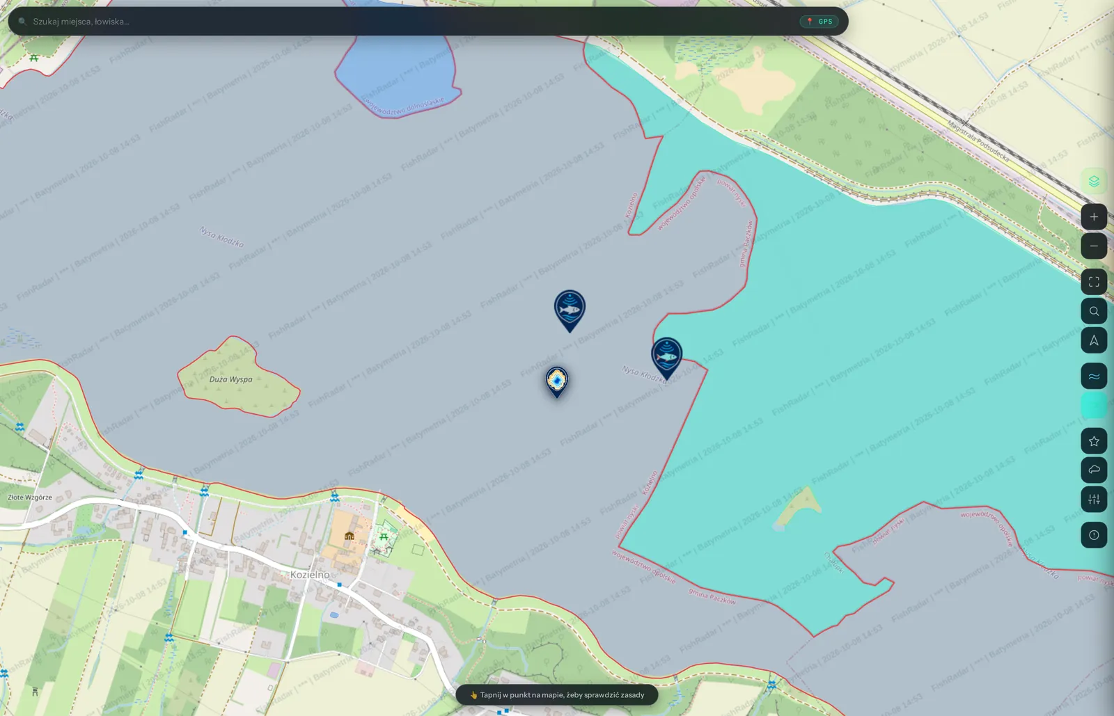 Jezioro Kozielno na mapie wędkarskiej FishRadar: woda wypełniona turkusem (zezwolenie) i pinezki łowisk