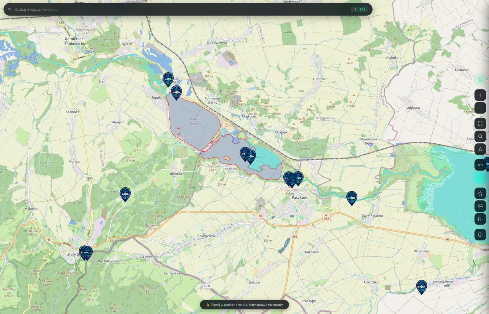 Wody według statusu prawnego — zrzut mapy FishRadar